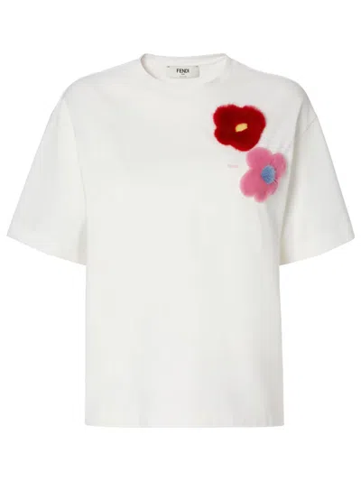 Fendi White Crew Neck Embroidered T-shirt