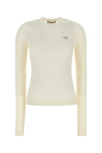 FENDI WHITE CREWNECK LOGO SWEATER