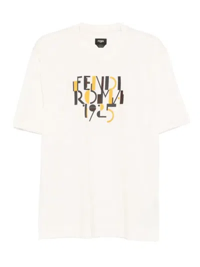 FENDI WHITE CREWNECK PRINTED T-SHIRT