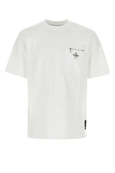 Fendi Men White Crewneck T-shirt With Log Print On The Front In Cotton Man