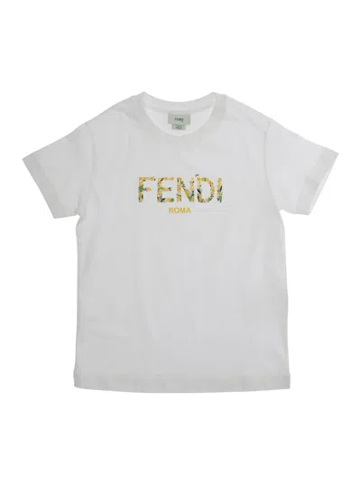 Fendi Kids' White Crewneck T-shirt With Logo Lettering On The Front In Cotton Jersrey Girl