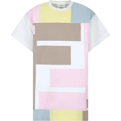 Fendi Kids' White Dress For Girl With Iconic Ff In Multicolour