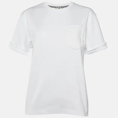 Pre-owned Fendi White Embossed Logo Pocket Cotton Crewneck T-shirt Xs