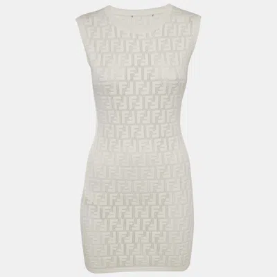 Pre-owned Fendi White Ff Jacquard Knit Sleeveless Mini Dress M