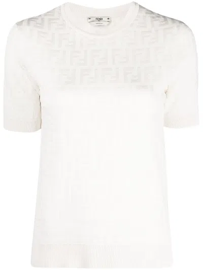 Fendi White Ff Logo Knitted Top In Neutrals