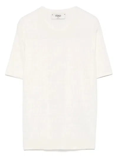 FENDI WOMEN WHITE FF VISCOSE AND COTTON SWEATER, L LUXURY T-SHIRTS FOR WOMEN DARVEYS