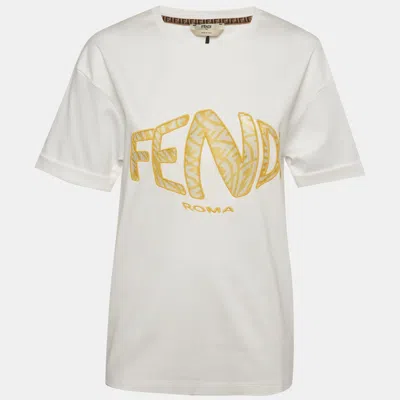 Pre-owned Fendi White Fish Eye Logo Cotton Knit And Mesh Inset T-shirt Xs