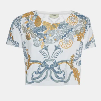 Pre-owned Fendi White Floral Appliqué Print Cotton Knit Crop Top L