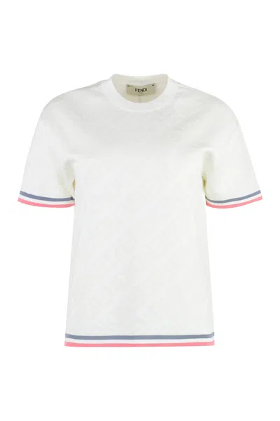 Fendi White Jacquard Knit T-shirt With Contrasting Edges And All Over  Logo For Women