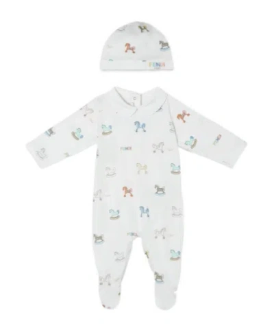 Fendi White Jersey Baby Set With Multicolored Print