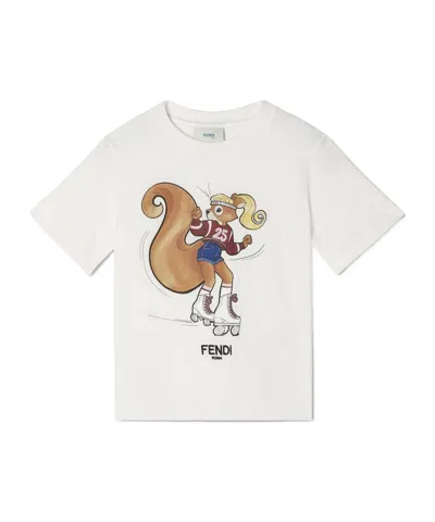 Fendi White Jersey Junior T-shirt With Multicolor Print In Brown