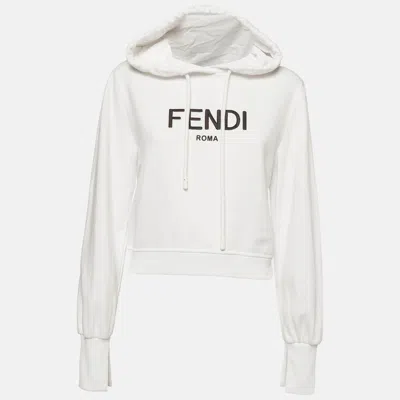 Pre-owned Fendi White Jersey Logo Embroidered Drawstring Cropped Hoodie S