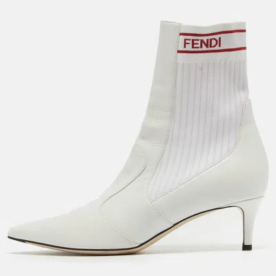 Pre-owned Fendi White Leather And Knit Fabric Kitten Heel Sock Boots Size 38