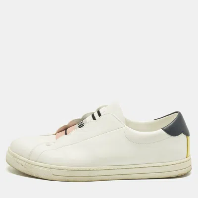 Pre-owned Fendi White Leather Logo Knit Rockoko Scallop Detail Slip On Sneakers Size 39.5
