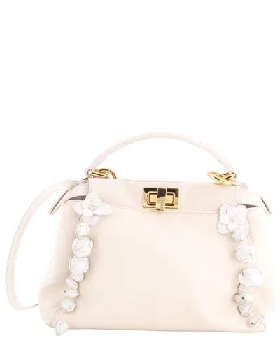 Pre-owned Fendi White Leather Rosebud Peekaboo Iconic Bag With Applique Mini (authentic  Pre-loved)