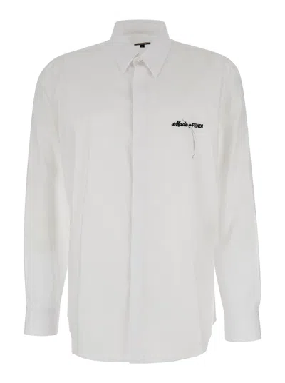 Fendi White Lettering Embroidered Shirt In Cotton Man In Multicolor