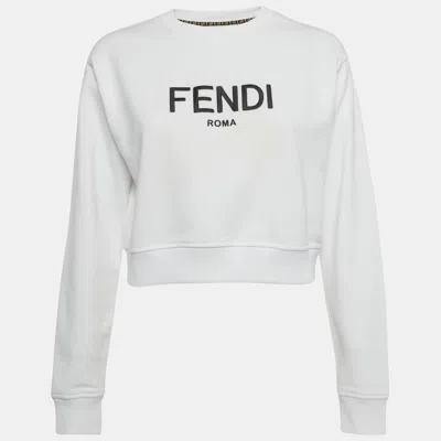 Pre-owned Fendi White Logo Embroidered Cotton Knit Sweatshirt Xs