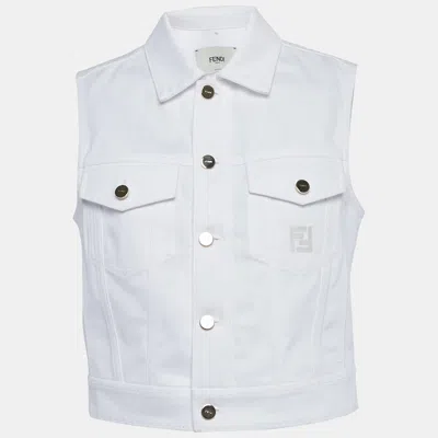 Pre-owned Fendi White Logo Embroidered Denim Gillet Jacket S