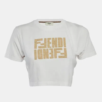 Pre-owned Fendi White Logo Embroidered Jersey Crop T-shirt Xs