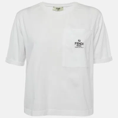 Pre-owned Fendi White Logo-embroidered Cotton Knit Crewneck T-shirt M
