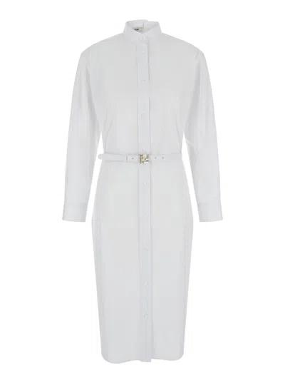 Fendi White Long Chemisier Dress In Cotton Woman In Multicolor