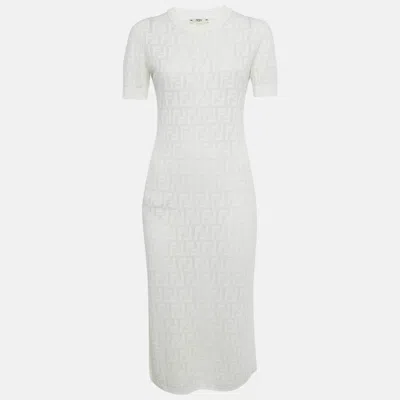 Pre-owned Fendi White Monogram Cotton Knit Midi Dress S