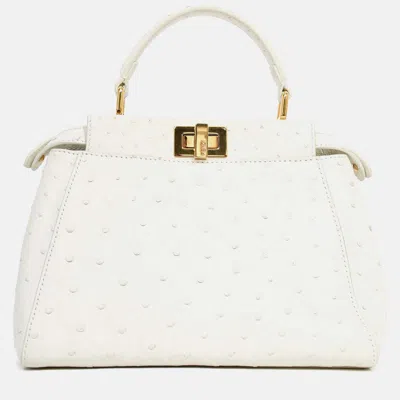 Pre-owned Fendi White Ostrich Leather Mini Peekaboo Bag With Strap