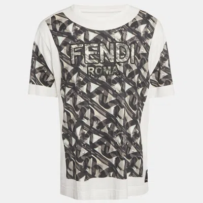 Pre-owned Fendi White Printed Jersey Crewneck T-shirt L