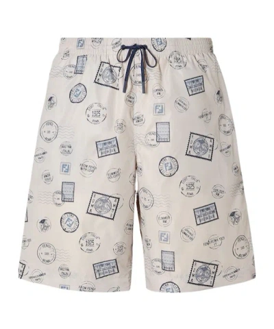 Fendi Postage-stamp Print Swim Shorts In Neutral