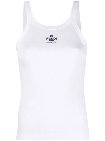 Fendi Women White Ribbed Tank Top With Contrasting Logo Embroidery In Stretch Cotton Woman