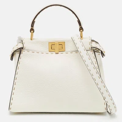 Pre-owned Fendi White Selleria Leather Mini Peekaboo Top Handle Bag