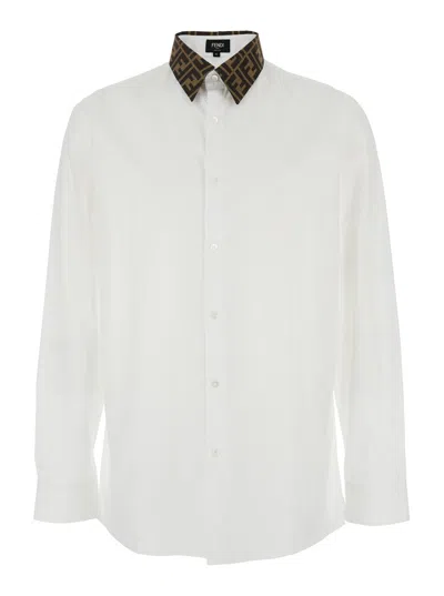 Fendi White Shrit With Classic Collar With Ff Motif And Curved Hem In Cotton Man