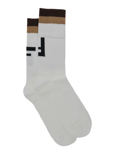 Fendi White Socks With Ff Logo Embroidery In Cotton Blend Man