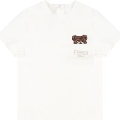 Fendi White T-shirt For Babykids With  Bear