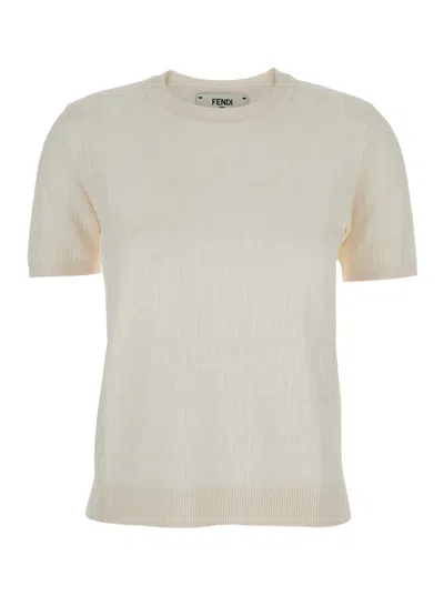 Fendi White T-shirt With Knitted Design In Cotton Woman In Nude