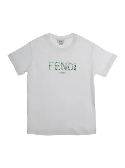 Fendi Kids' White T-shirt With Round Neck And Logo Lettering Print On The Front In Cotton Girl