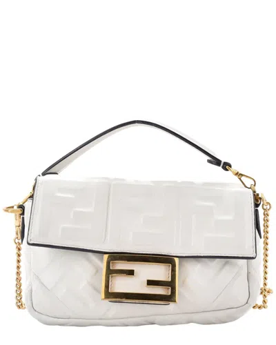 Pre-owned Fendi White Zucca Embossed Leather Baguette Nm Bag Mini (authentic Pre-loved)
