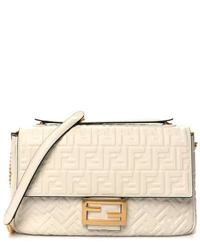 Fendi White Zucca Leather Small Ff Embossed Large Chain Baguette (authentic Pre-loved)