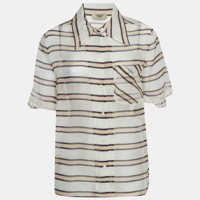 Pre-owned Fendi White/beige Striped Palm Embroidered Short Sleeve Shirt S