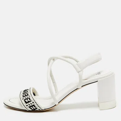 Pre-owned Fendi White/black Leather Block Heel Ankle Strap Sandals Size 41