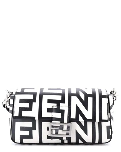 Pre-owned Fendi White/black Printed Calfskin Leather X Marc Jacobs Baguette Nm  (authentic Pre-loved)
