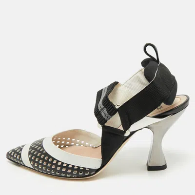 Pre-owned Fendi White/black Zucca Canvas And Leather Colibri Slingback Pumps Size 35