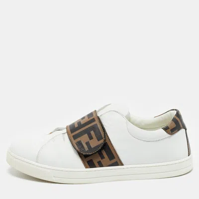 Pre-owned Fendi White/brown Leather Ff Buckle Low Top Sneakers Size 37