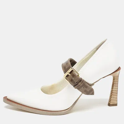 Pre-owned Fendi White/brown Patent Leather Mary Jane Oversized Sole Pumps Size 37