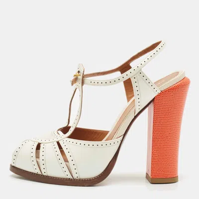Pre-owned Fendi White/orange Lizard Embossed And Patent Leather Cut Out T-strap Sandals Size 38