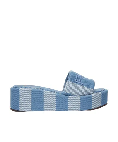 FENDI FENDI SUNSHINE DENIM-EFFECT JACQUARD PLATFORM SLIDES