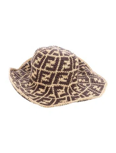 Pre-owned Fendi Wide Brim Straw Bucket Hat In Brown/neutrals