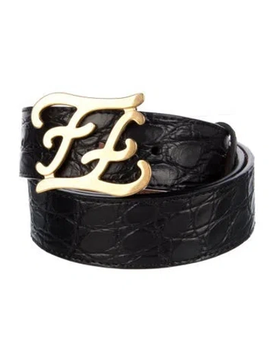 Pre-owned Fendi Wide Embossed Leather Belt Kit In Black