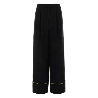 Fendi Wide-leg Wool-silk Blend With Contrast Trim Trousers In Black