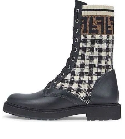 Fendi (wmns)  Black Leather Biker Boots With Stretch Fabric 'black White'